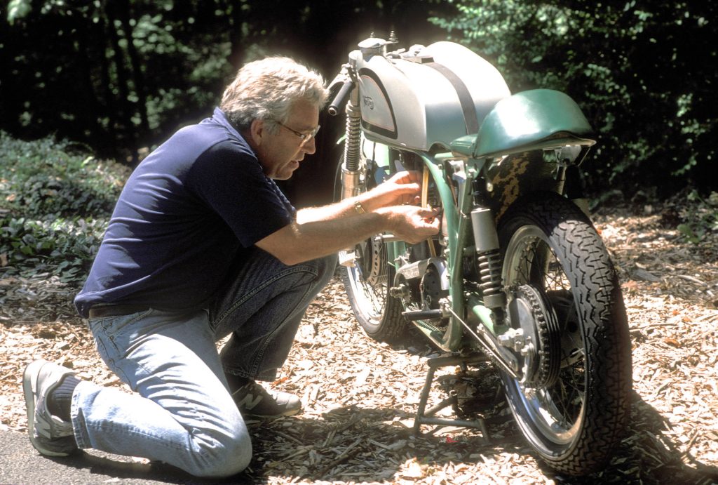 Bob MacLean working on the bike in the USA.