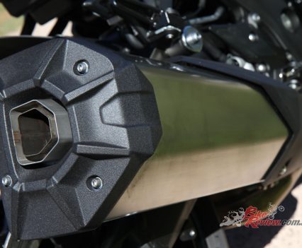 The angular muffler echoes the sharp lines of Kawasaki's Sugomi styling.