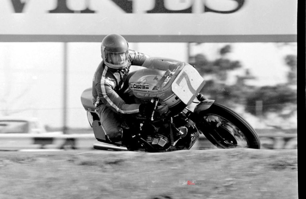 An Eddie Lopez-prepared Ducati in action at Calder Park in 1977.