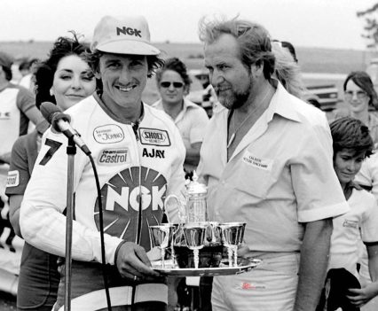 Andrew ‘AJ’ Johnson celebrates victory in the 1981 Calder Two-Hour.