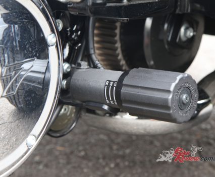 Rear spring preload is easily adjusted by hand to suit load and passenger weight.