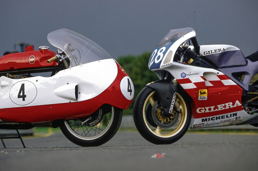 Thirty-five years apart, Gilera’s 1957 500-4 and 1992 GFR250 bookend two different eras of factory Grand Prix racing.