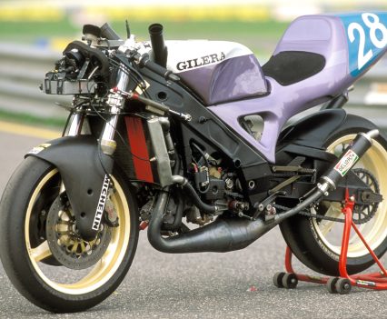 With the bodywork removed, the GFR250’s compact V-twin and fabricated aluminium twin-spar chassis are laid bare.