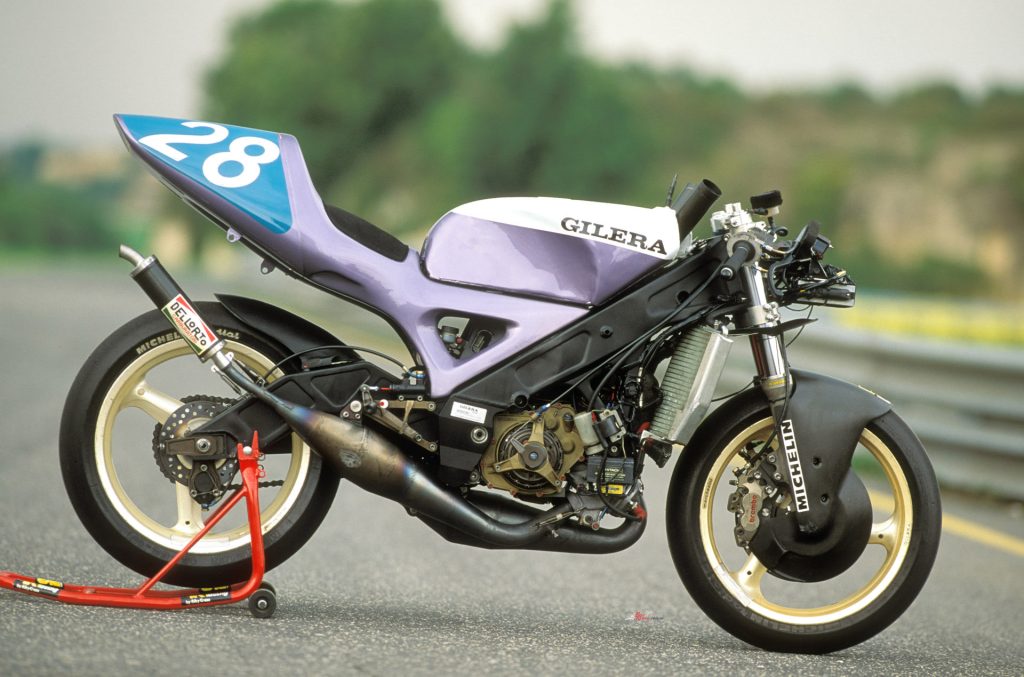 Stripped of its bodywork, the GFR250 reveals its 10kg aluminium twin-spar frame and tightly packaged V-twin.