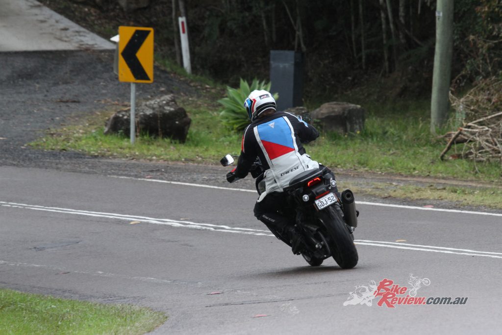 The Anakee Wild knobbies demand some restraint on wet tarmac, with the rear easily spun up.