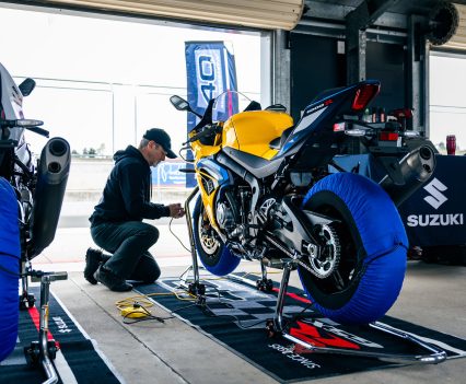 Tyre warmers kept the Bridgestone R11 track tyres up to temperature between sessions.
