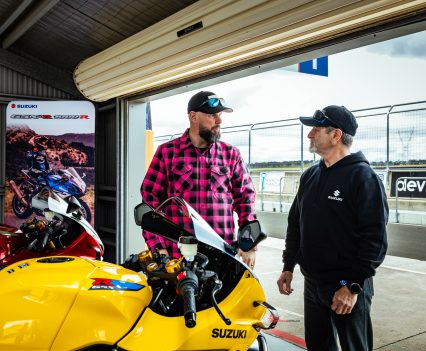 The yellow-and-blue anniversary livery pays tribute to Suzuki’s racing heritage.